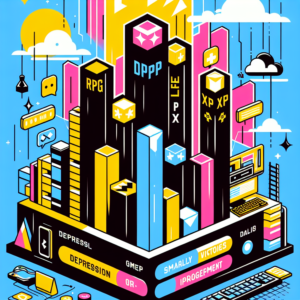 Depression and progress concept with an RPG Life XP bar showing small daily wins and gradual leveling up
