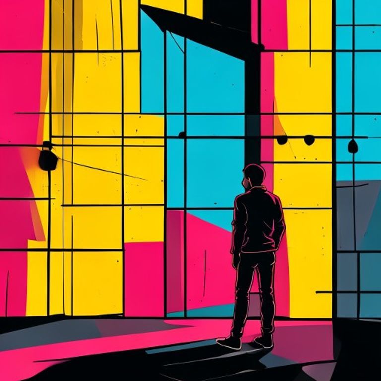 Person standing in front of a symbolic identity wall representing comfort zone, self-protection, and personal transformation